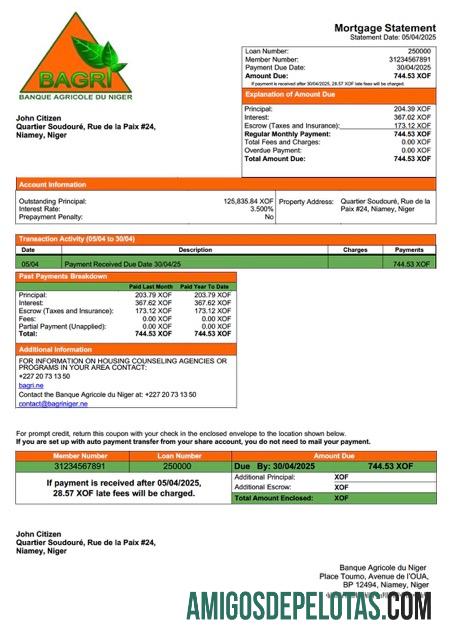 em branco Níger Banque Agricole Du Niger Declaração de hipoteca Word e modelo PDF